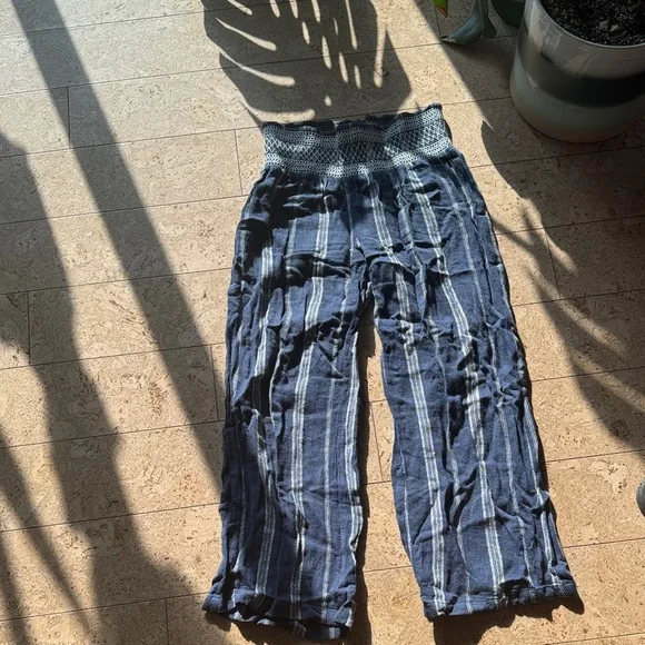 Wide Leg Blue Striped Pull-On Pants - Picture 2 of 5